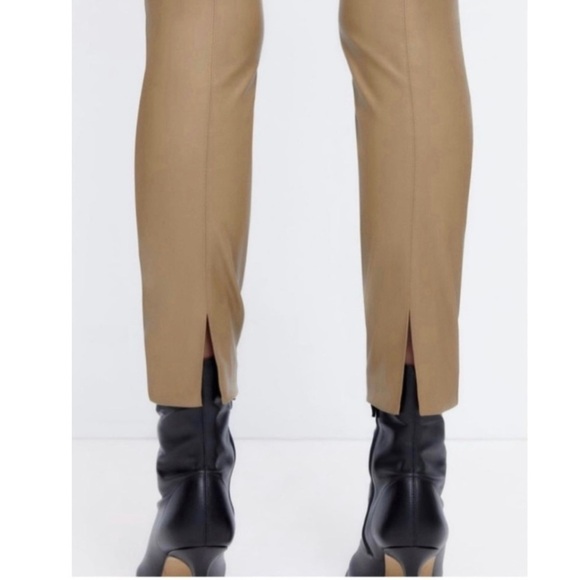ZARA Tan Faux Leather Leggings Vegan Skinny Pants Hi-Rise Ankle Slit Women’s S - Picture 9 of 16